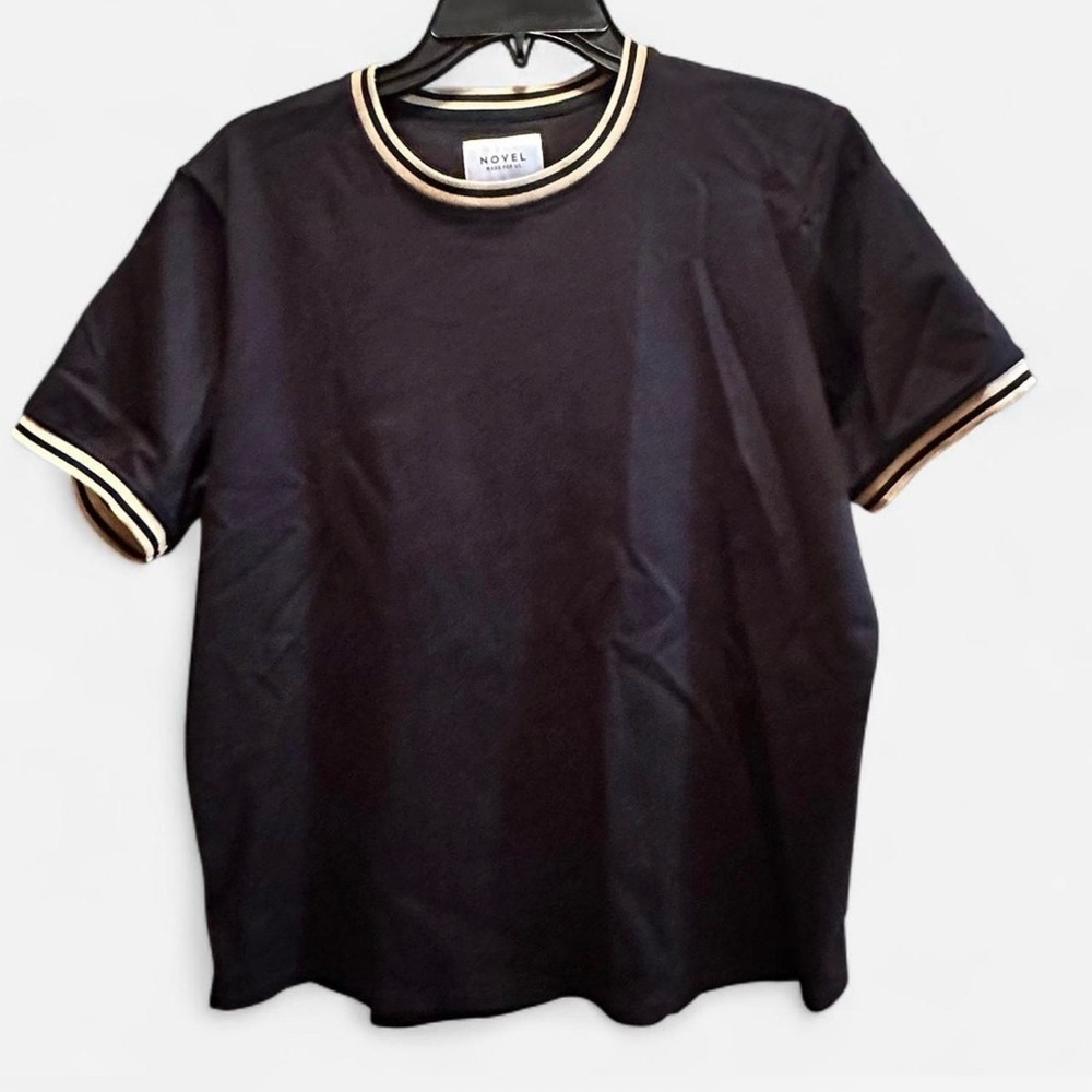 Novel Made For Us Black T-Shirt with Striped Trim, Size Large USA